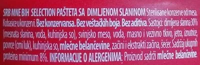 Lista de ingredientes del producto Selection pašteta sa dimljenom slaninom Carnex 95 g