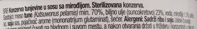 Lista de ingredientes del producto Tunjevina komadi u sosu sa mirođijom Premia 160 g