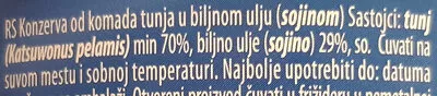 Lista de ingredientes del producto Tuna komadi u biljnom ulju Ocean 160 g