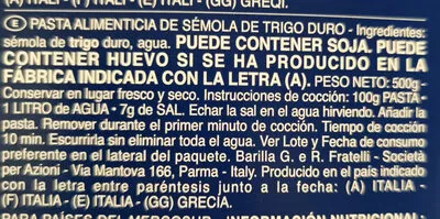 Lista de ingredientes del producto farfalle barilla 500g