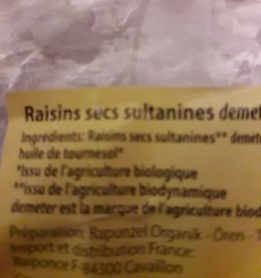 Lista de ingredientes del producto Raisins sultanines Rapunzel 250 g