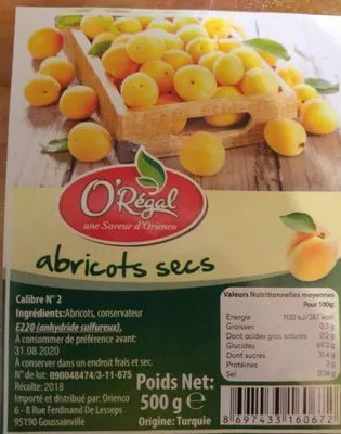 Lista de ingredientes del producto Abricots secs  500 g