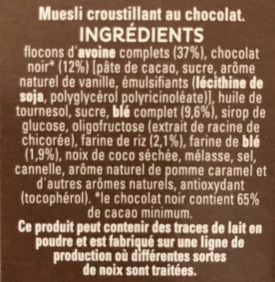 Lista de ingredientes del producto Cruesli Chocolate Quaker 450g