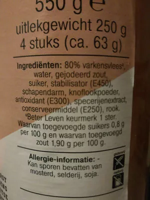 Lista de ingredientes del producto Bockworst Albert Heijn 550 g