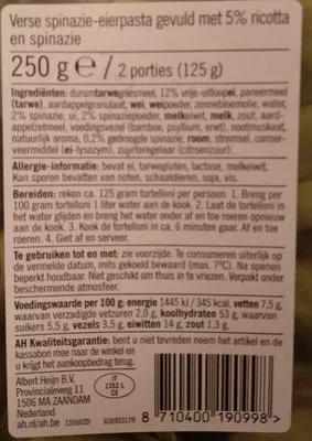 Lista de ingredientes del producto tortelloni verdi ricotta e spinaci Albert heijn 250g