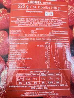 Lista de ingredientes del producto AH doosjevol Aardbeien Albert Heijn 225 g