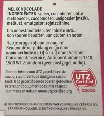 Lista de ingredientes del producto Verkade Chocoladeletter Melk 135 Gram Verkade 