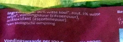 Lista de ingredientes del producto Wijnzuurkool Bio+ 520g (500g uitlekgewicht)