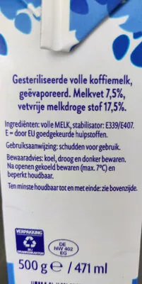 Lista de ingredientes del producto volle koffiemelk Melkan 500g