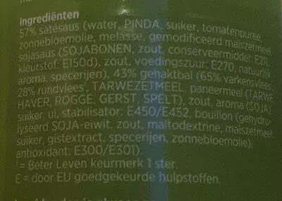 Lista de ingredientes del producto Gehaktballetjes in Satésaus g'woon 420 g