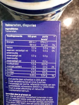 Lista de ingredientes del producto Tuinerwten extra fijn los ingevroren g'woon 450 gram