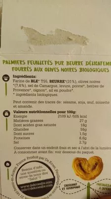 Lista de ingredientes del producto Palmiers feuilletés olive noire Biotiful 60 g