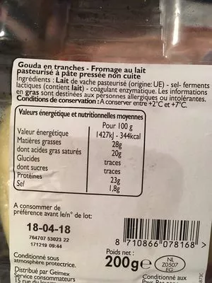 Lista de ingredientes del producto Gouda en tranches Leader Price 200 g