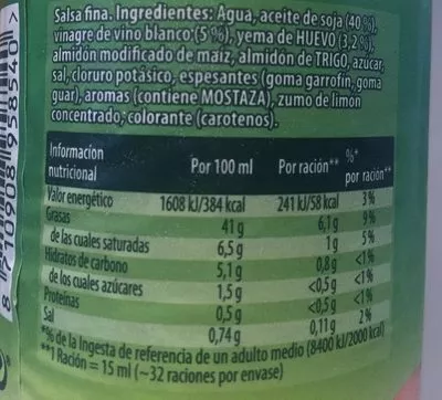 Lista de ingredientes del producto Mayonnaise Calvé 