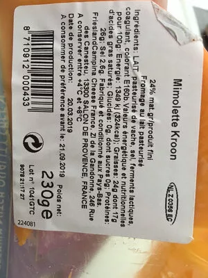 Lista de ingredientes del producto Mimolette Kroon Kroon 230g