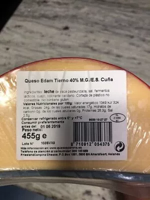 Lista de ingredientes del producto Queso edam tierno  