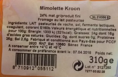 Lista de ingredientes del producto Mimolette Jeune Holland Kroon 