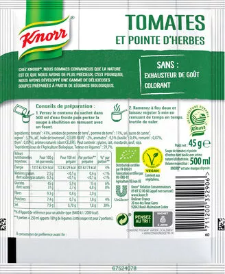 Lista de ingredientes del producto Soupe Liquide Tomates et Pointe d'Herbes Knorr 45 g