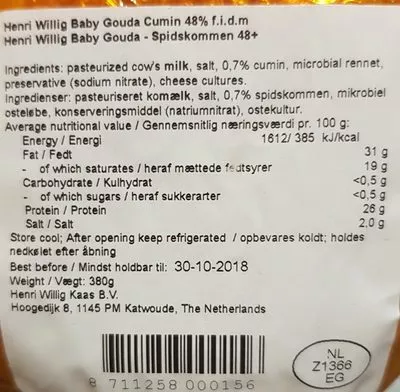 Lista de ingredientes del producto Baby Gouda Cumin  