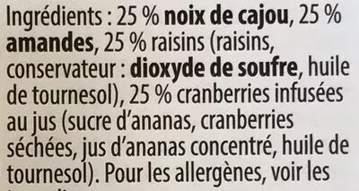 Lista de ingredientes del producto Mélange fruits et noix Starbucks 