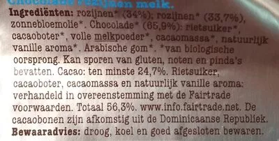 Lista de ingredientes del producto Chocolade rozijnen Happy Chocolate 200 g