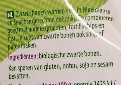 Lista de ingredientes del producto Zwarte bonen Ekoplaza 500 g