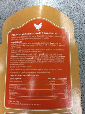 Lista de ingredientes del producto Sandwich Poulet Crudités Moutarde à l'ancienne  