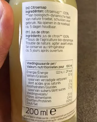 Lista de ingredientes del producto Jus de citron Luna e Terra 