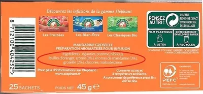 Lista de ingredientes del producto Infusion Mandarine Groseille Elephant, Unilever 45 g (25 sachets)