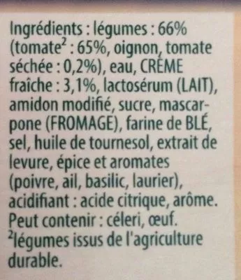 Lista de ingredientes del producto Douceur de Tomates à la Crème Fraîche Knorr 30 cl