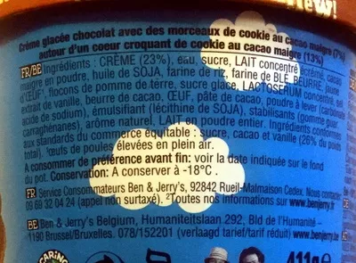 Lista de ingredientes del producto What-a-lotta chocolate cookie core Ben & Jerry's 500 ml ℮/411 g ℮