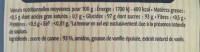 Lista de ingredientes del producto Sucre vanillé des isles Alsa Sachets Alsa, Unilever 60 g (7,5 g e * 7 + 7,5 g e)