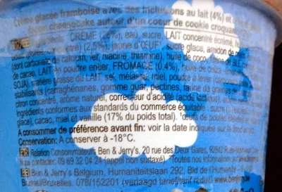 Lista de ingredientes del producto Ben & Jerry's Glace Pot Raspberry Cheesecake Ben & Jerry's, Unilever 500 ml (426 g)