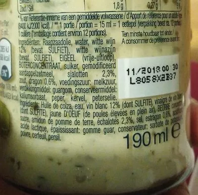 Lista de ingredientes del producto Béarnaise Unilever Belgium 1