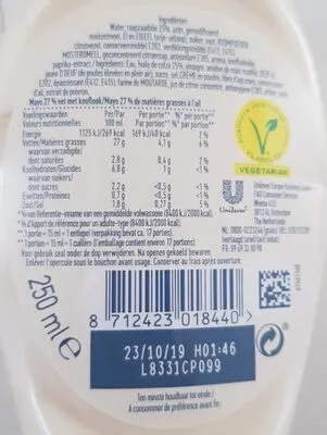 Lista de ingredientes del producto Garlic Sauce Hellmann's,  Unilever 250 ml