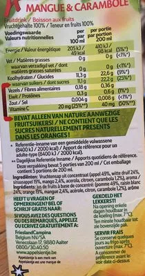 Lista de ingredientes del producto Jus mango et carambole Appelsientje 