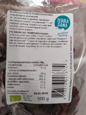 Lista de ingredientes del producto Raisins secs TerraSana 500 g