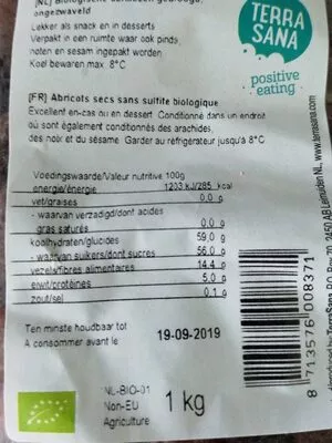 Lista de ingredientes del producto Abricots sèches sans sulfite TerraSana 1 kg