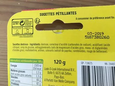 Lista de ingredientes del producto Sucettes pétillantes Look O Look 120g