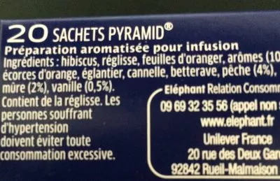 Lista de ingredientes del producto Elephant Infusion Mûre Pêche Vanille 20 Sachets Eléphant 36 g