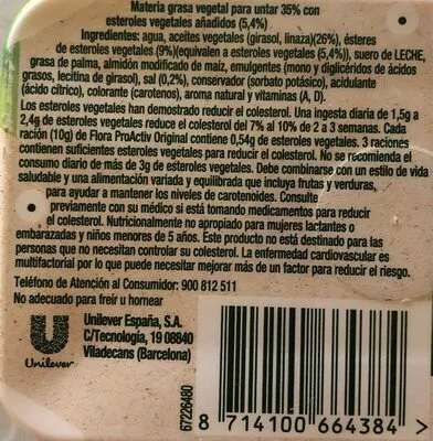 Lista de ingredientes del producto Pro-activ margarina formato ahorro Flora 