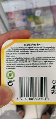 Lista de ingredientes del producto Margarina original vegetal con omega sin gluten flora 260 g