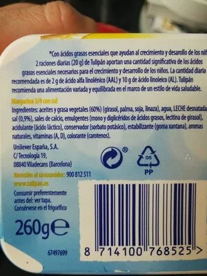 Lista de ingredientes del producto Margarina  260 g