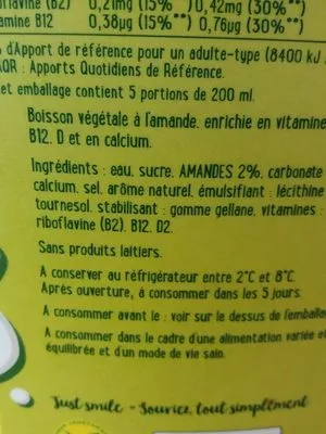 Lista de ingredientes del producto Just smile amande Flora 