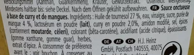 Lista de ingredientes del producto Sauce onctueuse à base de curry et mangues Heinz 225 g (225 ml)