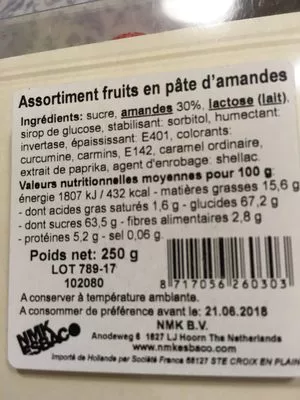 Lista de ingredientes del producto Pates d’amandes Nmk 