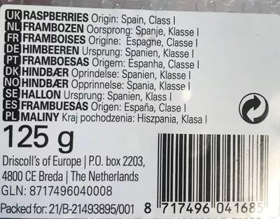 Lista de ingredientes del producto Framboises driscoll’s 125g