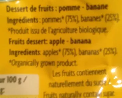 Lista de ingredientes del producto Dessert Fruits Pomme Banane La Bio Idea 100 g