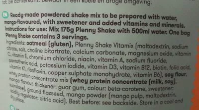 Lista de ingredientes del producto Plenny Shake - Mango jimmy joy 