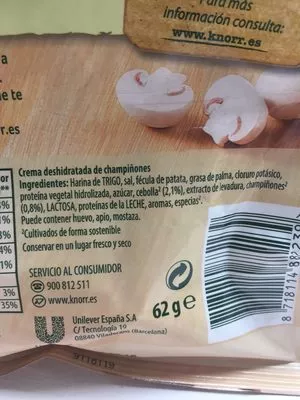 Lista de ingredientes del producto Las Cremas crema de champiñón sobre 65 g Knorr 